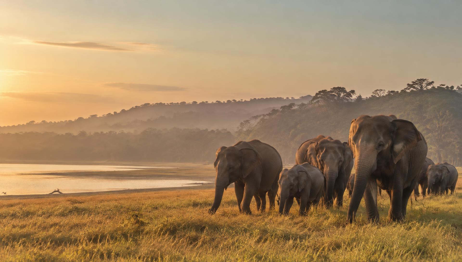 A herd of wild Sri Lankan elephants, adults and calves, walking across a grassy plain towards the camera at golden hour